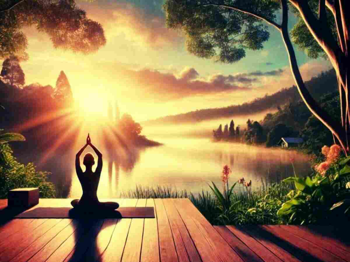 "A person practicing yoga in a meditative pose at sunrise, surrounded by a serene lakeside landscape with lush greenery and golden sunlight."