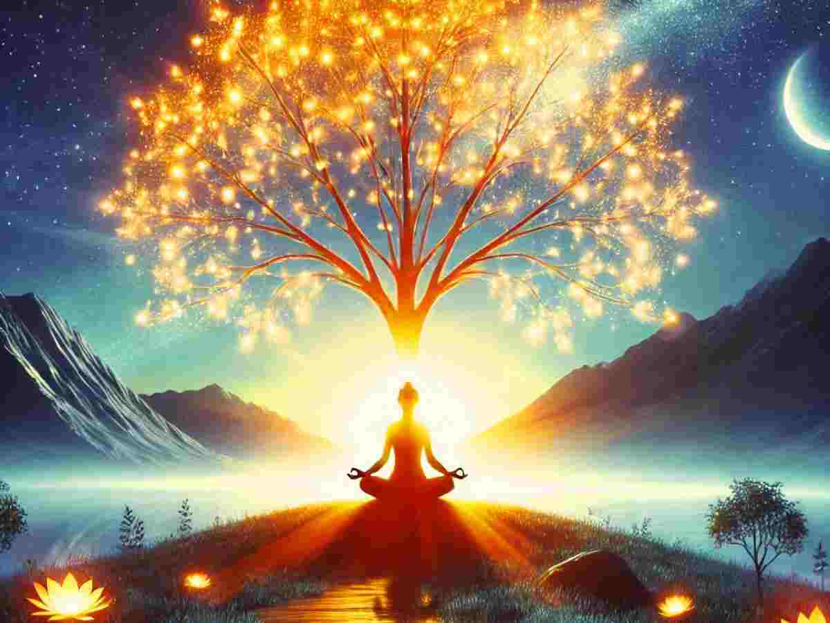 "A person meditating under a glowing tree, symbolizing spirituality, with mountains, a crescent moon, and a serene night sky in the background."