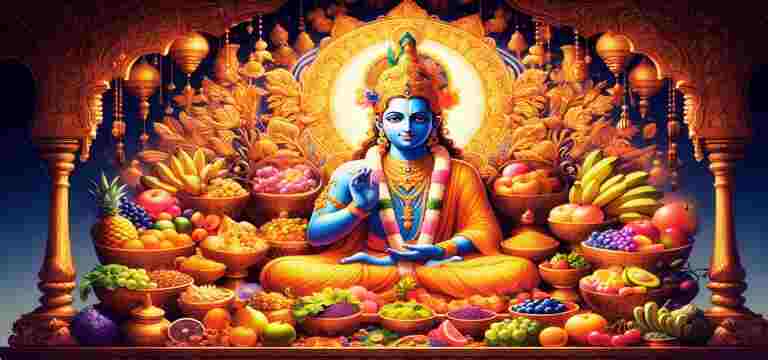 Lord Krishna seated in a meditative pose, surrounded by abundant bowls of vibrant food offerings within a detailed golden temple setting.