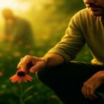 Man gently touching a flower in a serene field, representing simplicity of mind and mindfulness.