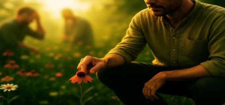 Man gently touching a flower in a serene field, representing simplicity of mind and mindfulness.
