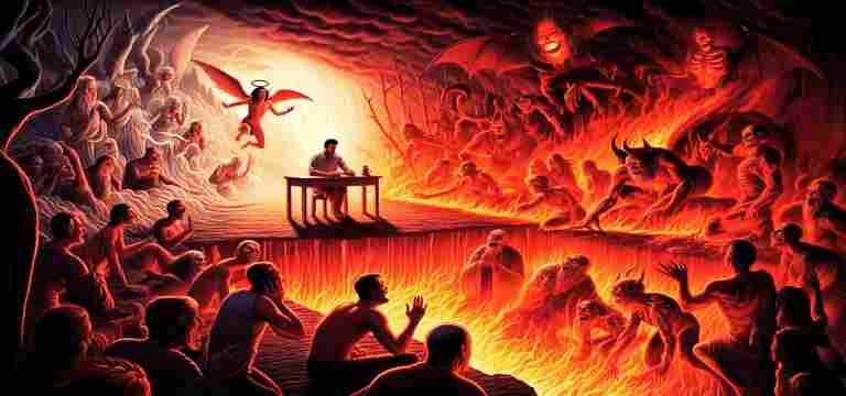 A man sitting alone at a desk in a fiery underworld, surrounded by writhing figures and demons, symbolizing the torment of sinful actions in life.