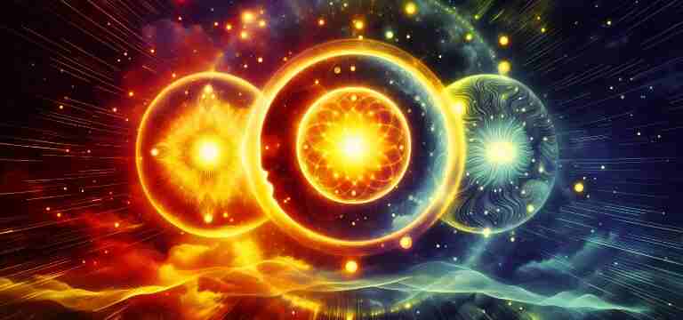 Abstract image representing Pure Conduct through three glowing interconnected spheres symbolizing Mind, Speech, and Action within a vibrant, cosmic energy field.