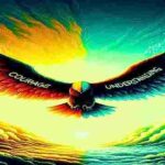 A majestic bird soaring above clouds at sunrise, its left wing aflame and labeled “Courage” and its right wing glowing calm blue labeled “Understanding,” with stormy clouds below transitioning into clear sky.