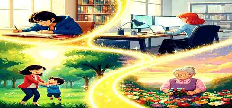 Four connected vignettes—a student studying in a sunlit library, a young professional working at a sleek office desk, a parent playing with their child in a green park, and an elderly person tending a vibrant flower garden at sunset—all linked by a winding, glowing golden thread that symbolizes dedication.
