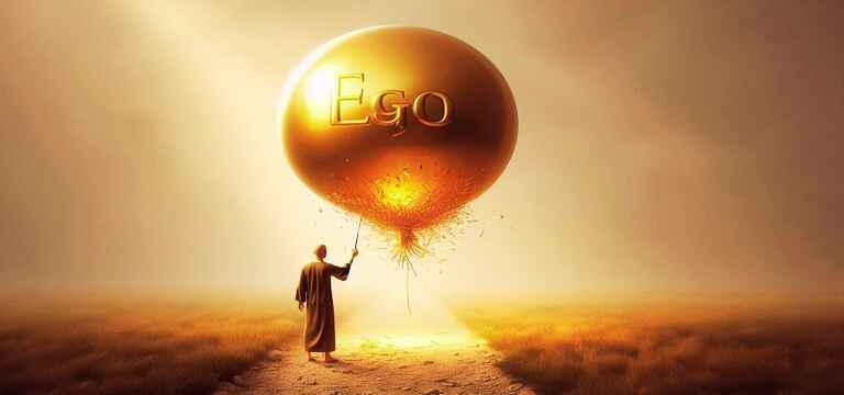 A monk bursting a large golden balloon labeled "Ego" on a misty path, symbolizing the release of ego.
