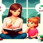 A woman sits on the floor reading a book to a young girl, with speech bubbles illustrating an apple labeled “good” and a star labeled “bad,” symbolizing teaching Discernment.