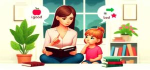 A woman sits on the floor reading a book to a young girl, with speech bubbles illustrating an apple labeled “good” and a star labeled “bad,” symbolizing teaching Discernment.