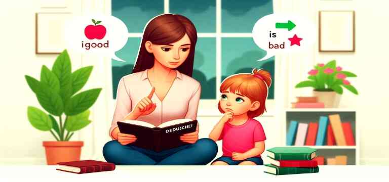 A woman sits on the floor reading a book to a young girl, with speech bubbles illustrating an apple labeled “good” and a star labeled “bad,” symbolizing teaching Discernment.