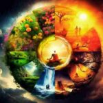 Circular illustration symbolizing the six seasons of India, with vibrant landscapes and a meditating figure in the center, reflecting the spiritual journey through seasonal transitions.