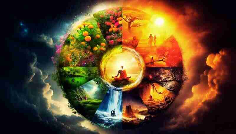 Circular illustration symbolizing the six seasons of India, with vibrant landscapes and a meditating figure in the center, reflecting the spiritual journey through seasonal transitions.