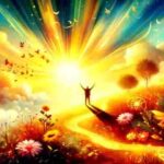 A silhouette of a person standing with arms raised toward a radiant sunrise over a vibrant flower meadow filled with butterflies, symbolizing hope.