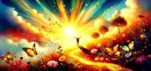A silhouette of a person standing with arms raised toward a radiant sunrise over a vibrant flower meadow filled with butterflies, symbolizing hope.