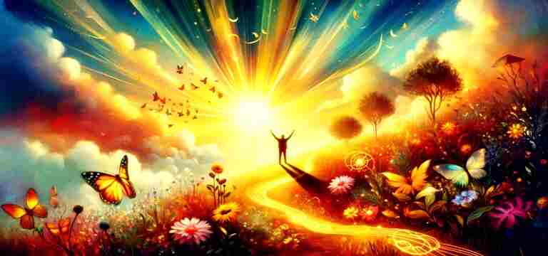 A silhouette of a person standing with arms raised toward a radiant sunrise over a vibrant flower meadow filled with butterflies, symbolizing hope.