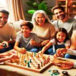 A multi-generational family laughing and playing chess together, showcasing strong relationship bonds.