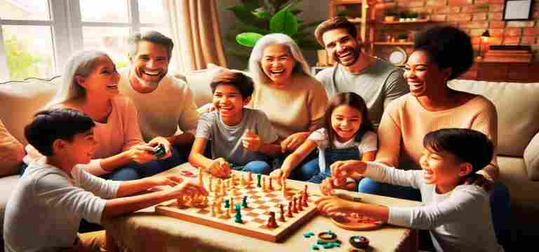 A multi-generational family laughing and playing chess together, showcasing strong relationship bonds.
