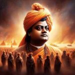 Swami Vivekananda stands in traditional Indian attire at the center of a serene, mystical landscape, surrounded by numerous devoted figures dressed similarly, symbolizing unity and spiritual legacy.