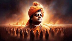 Swami Vivekananda stands in traditional Indian attire at the center of a serene, mystical landscape, surrounded by numerous devoted figures dressed similarly, symbolizing unity and spiritual legacy.