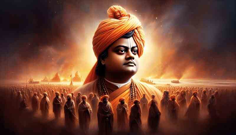 Swami Vivekananda stands in traditional Indian attire at the center of a serene, mystical landscape, surrounded by numerous devoted figures dressed similarly, symbolizing unity and spiritual legacy.