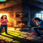 Illustration showing two sides of family life — respected women bringing happiness and unity, versus disrespected women facing sadness and destruction, highlighting the importance of valuing women in society.