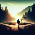A lone traveler stands at a crossroads in a forest at sunrise, symbolizing the search for answers through intuition.