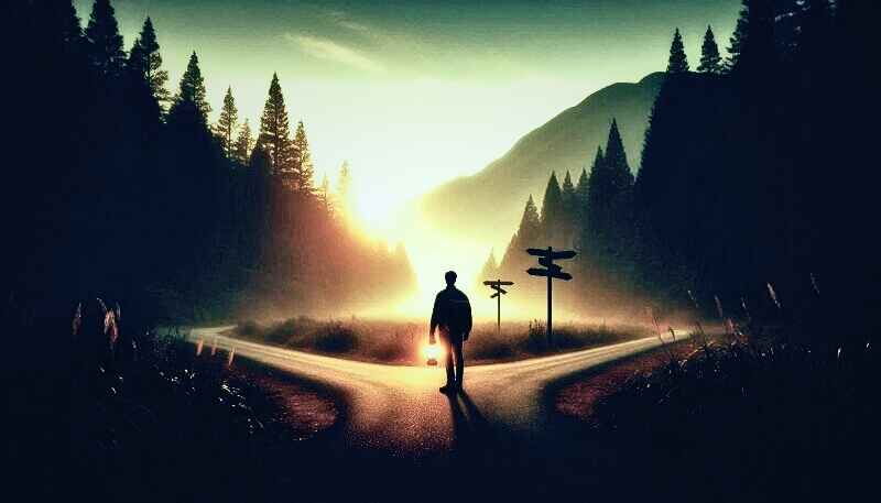 A lone traveler stands at a crossroads in a forest at sunrise, symbolizing the search for answers through intuition.