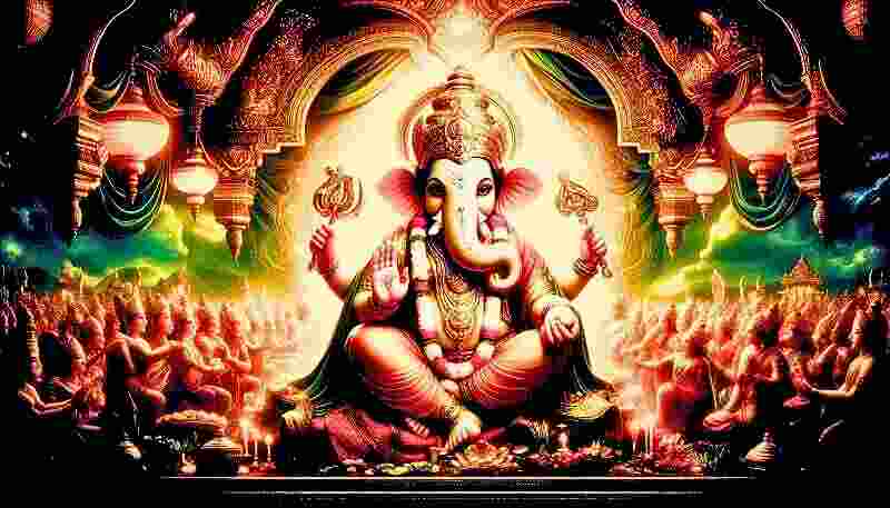 Lord Ganesha seated majestically with divine aura, symbolizing the right of first worship.