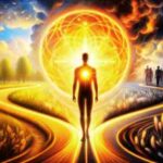 A glowing human figure with a radiant heart standing at a crossroads, symbolizing shame as a moral compass guiding between right and wrong.
