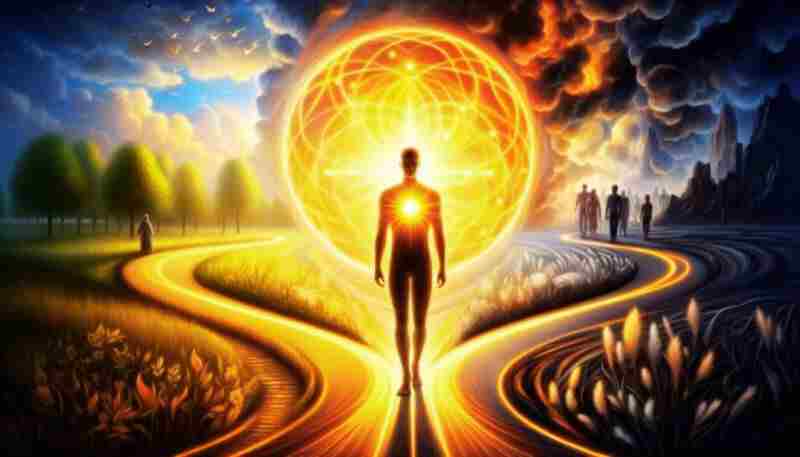 A glowing human figure with a radiant heart standing at a crossroads, symbolizing shame as a moral compass guiding between right and wrong.