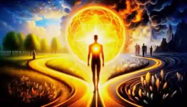 Shame — silhouette walking along golden forked paths toward a radiant orb, a visual metaphor for shame guiding moral choice.