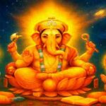 Lord Ganesha seated on a lotus, worshipped by Lord Vishnu and Brahmadev under a cosmic sky, symbolizing divine wisdom and devotion.