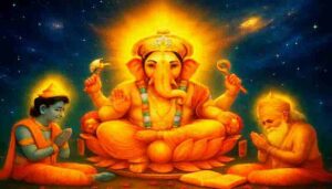 Lord Ganesha seated on a lotus, worshipped by Lord Vishnu and Brahmadev under a cosmic sky, symbolizing divine wisdom and devotion.