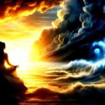 A serene figure meditates calmly on the shore as a golden sunrise breaks through dark storm clouds and giant ocean waves, symbolizing humility and calmness in adversity.