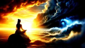 A serene figure meditates calmly on the shore as a golden sunrise breaks through dark storm clouds and giant ocean waves, symbolizing humility and calmness in adversity.