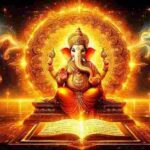 Radiant Lord Ganesha seated on a golden throne with the divine Ganesha Purana glowing before Him, symbolizing His supremacy and infinite stories.