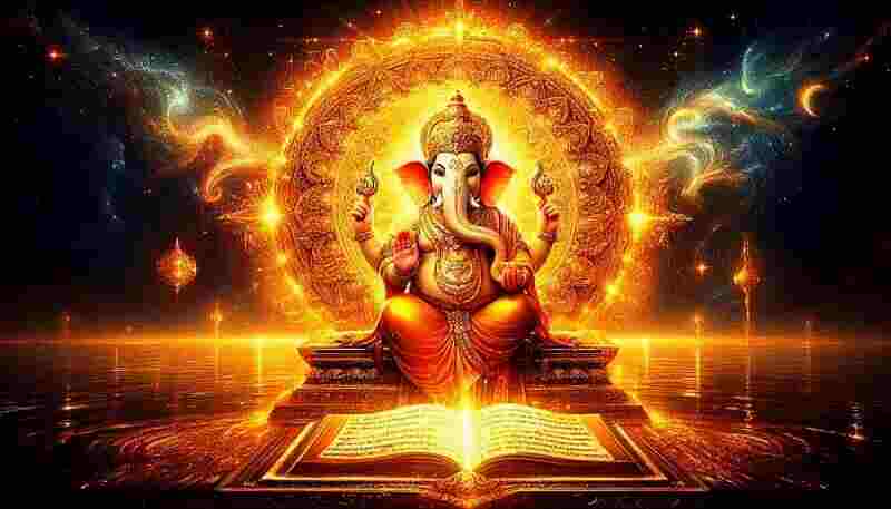 Radiant Lord Ganesha seated on a golden throne with the divine Ganesha Purana glowing before Him, symbolizing His supremacy and infinite stories.