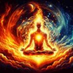 A meditating figure surrounded by fiery waves symbolizing anger transformed into divine peace through inner awareness.