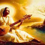 A saintly woman playing the ektara in deep devotion beside a river under golden divine light.