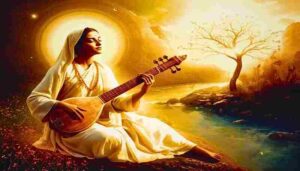 A saintly woman playing the ektara in deep devotion beside a river under golden divine light.