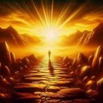 A person walking on a rocky golden path toward the sunrise, symbolizing how challenges lead to self-transformation and inner growth.