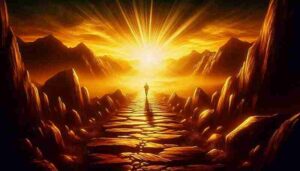 A person walking on a rocky golden path toward the sunrise, symbolizing how challenges lead to self-transformation and inner growth.