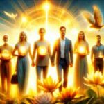 Men and women walking together in golden light symbolize respecting women, gender equality, and happy living.