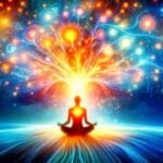A person meditating with radiant light and colorful energy flowing from the mind and heart, symbolizing the harmony of thoughts, feelings, and inner strength.
