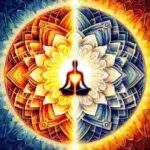 A meditator sits at the center of a glowing mandala with warm light on one side and cool light on the other, symbolizing the choice between truth and silence.