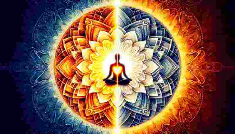A meditator sits at the center of a glowing mandala with warm light on one side and cool light on the other, symbolizing the choice between truth and silence.