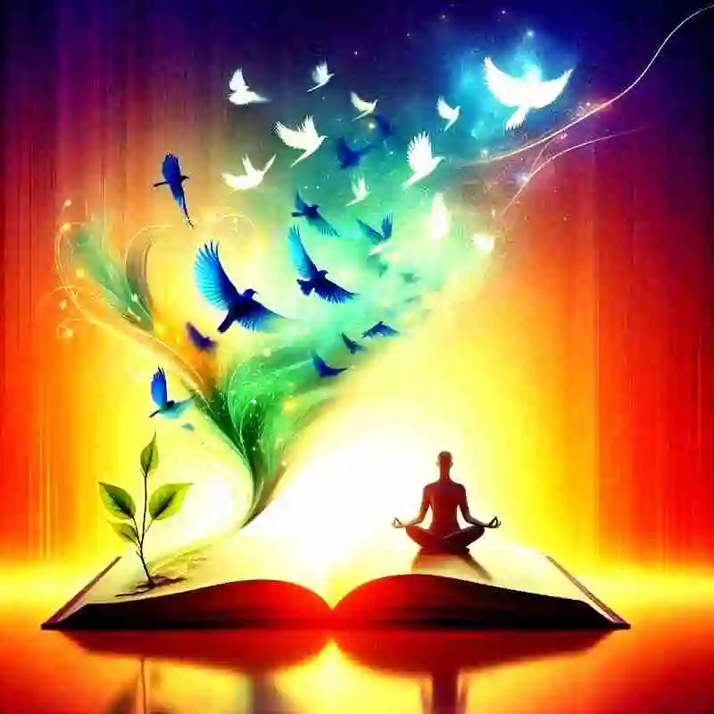 A glowing open sacred book with a green sprout and a meditating silhouette on its pages. Colorful birds and luminous energy rise from the book, symbolizing scriptural knowledge, unity with nature, and the soul’s liberation.