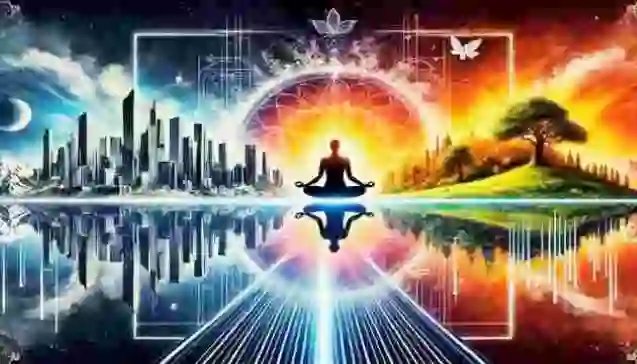 A symbolic digital artwork depicting the balance between expansionism and spirituality.