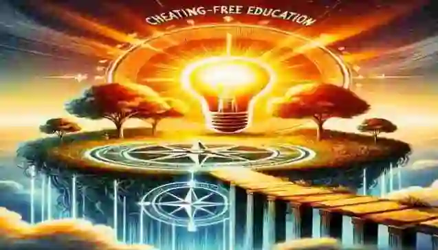 A digital illustration symbolizing "Cheating-Free Education," featuring a glowing light bulb representing knowledge, a floating island with trees, and a compass guiding the path of integrity in learning.