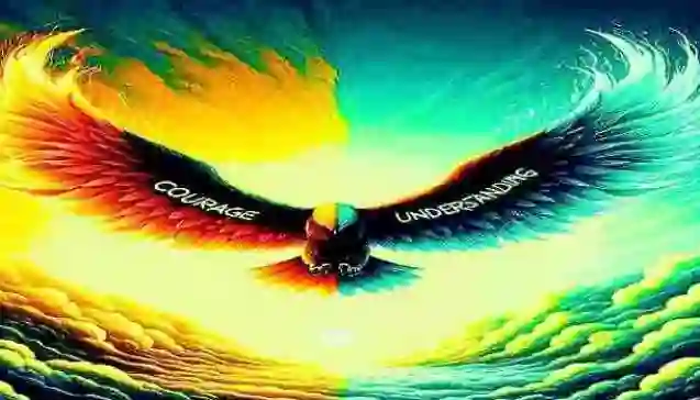 A majestic bird soaring above clouds at sunrise, its left wing aflame and labeled “Courage” and its right wing glowing calm blue labeled “Understanding,” with stormy clouds below transitioning into clear sky.