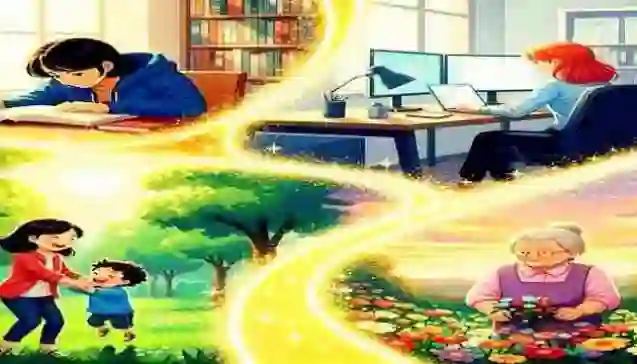 Four connected vignettes—a student studying in a sunlit library, a young professional working at a sleek office desk, a parent playing with their child in a green park, and an elderly person tending a vibrant flower garden at sunset—all linked by a winding, glowing golden thread that symbolizes dedication.